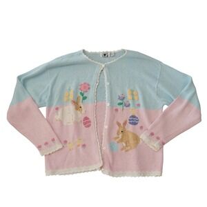 Vintage Hartstrings XL Bunny Chick Cardigan Sweater Pink Blue Pastel Cottagecore
